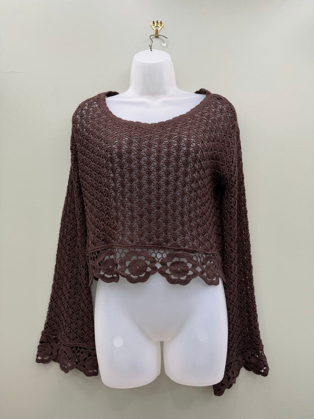Wild Fable Crochet Bell Sleeve Crop Top Small Brown Boho Festival NWT